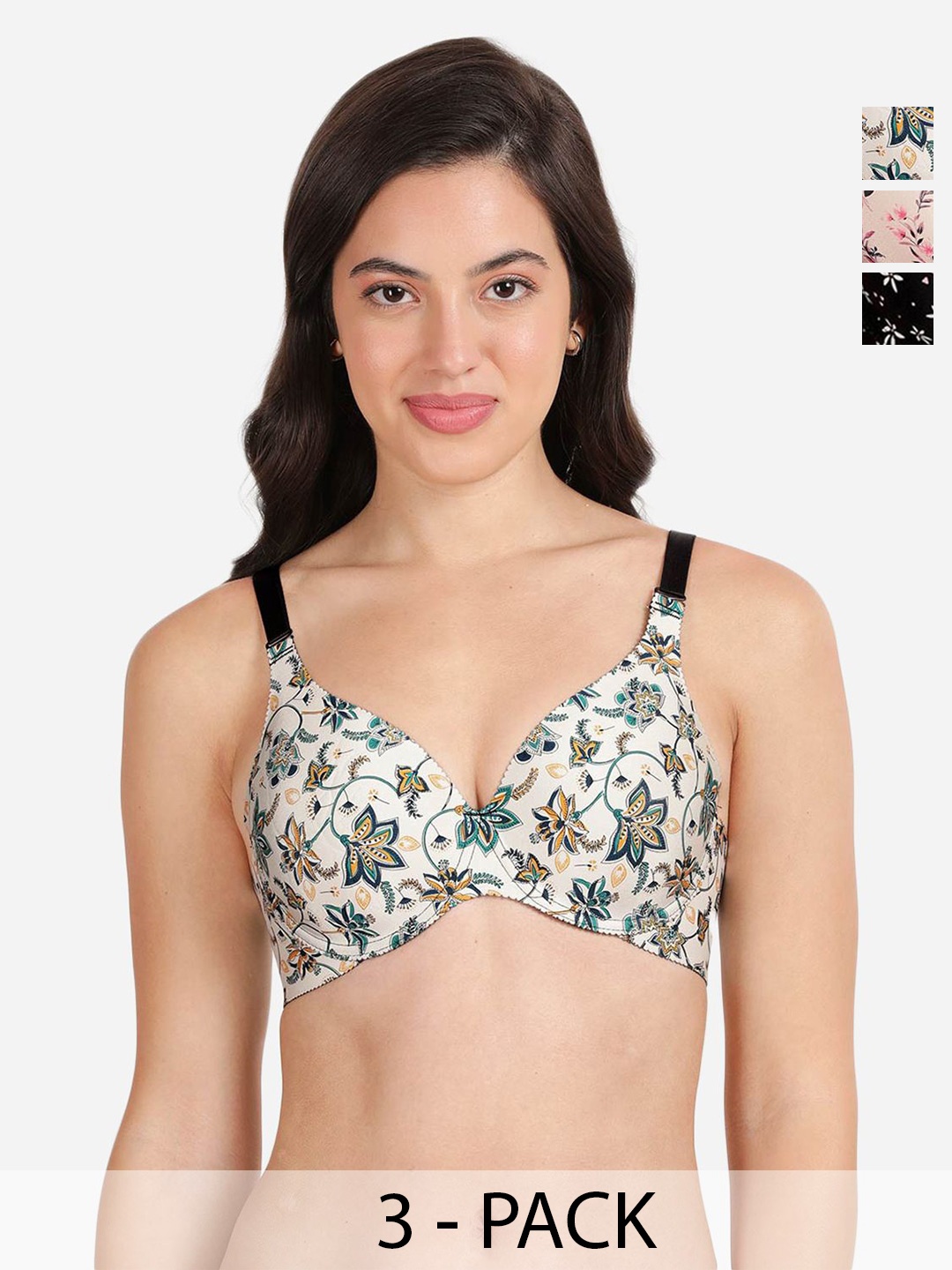 

shyaway Pack of 3 Floral T-shirt Bra - Medium Coverage Underwired Lightly Padded, White