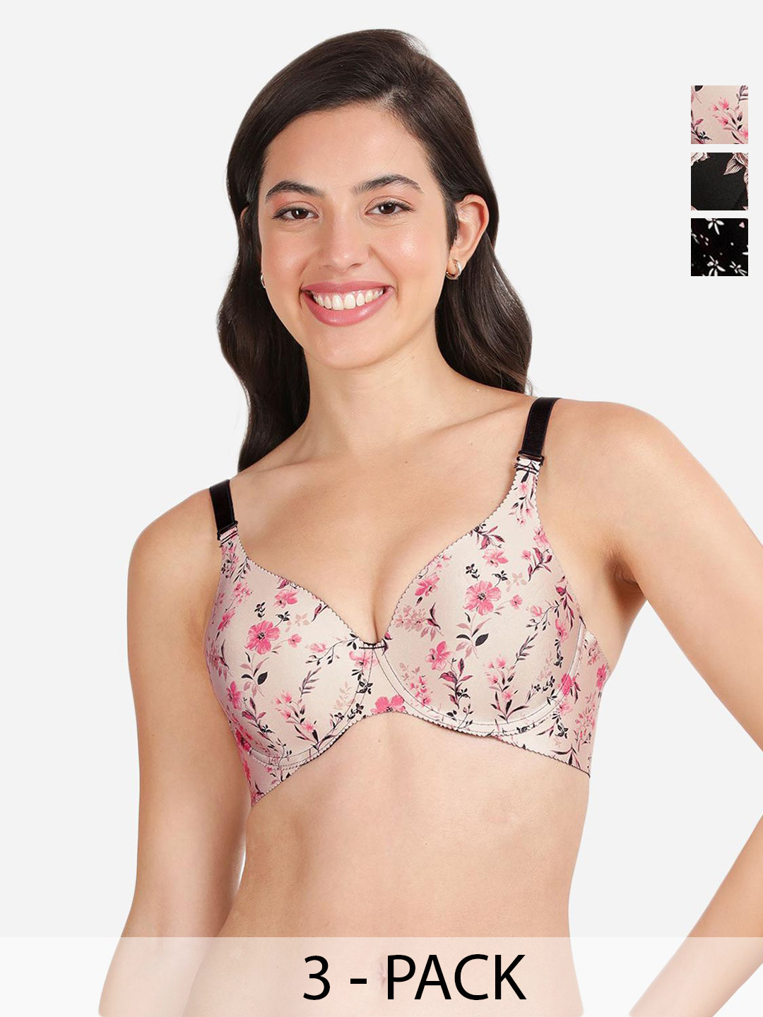 

shyaway Pack Of 3 Printed Medium Coverage Lightly Padded T-shirt Bras With All Day Comfort, Cream