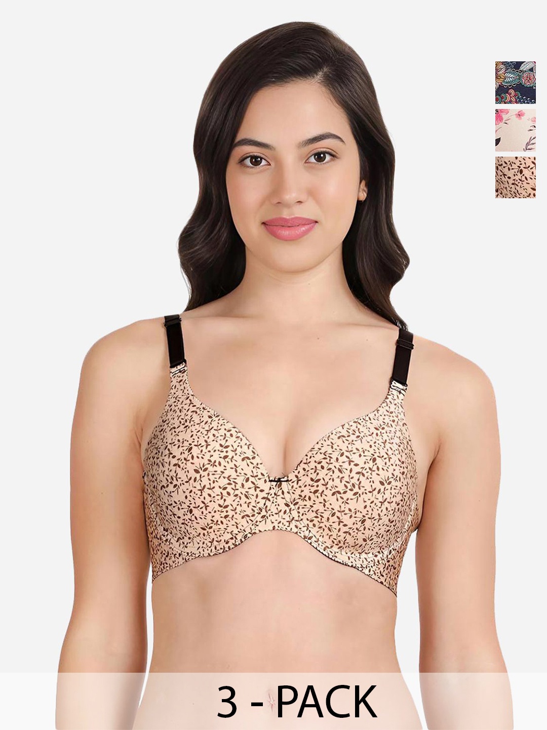 

shyaway Pack Of 3 Floral Bra Medium Coverage Underwired Lightly Padded Bra, Pink