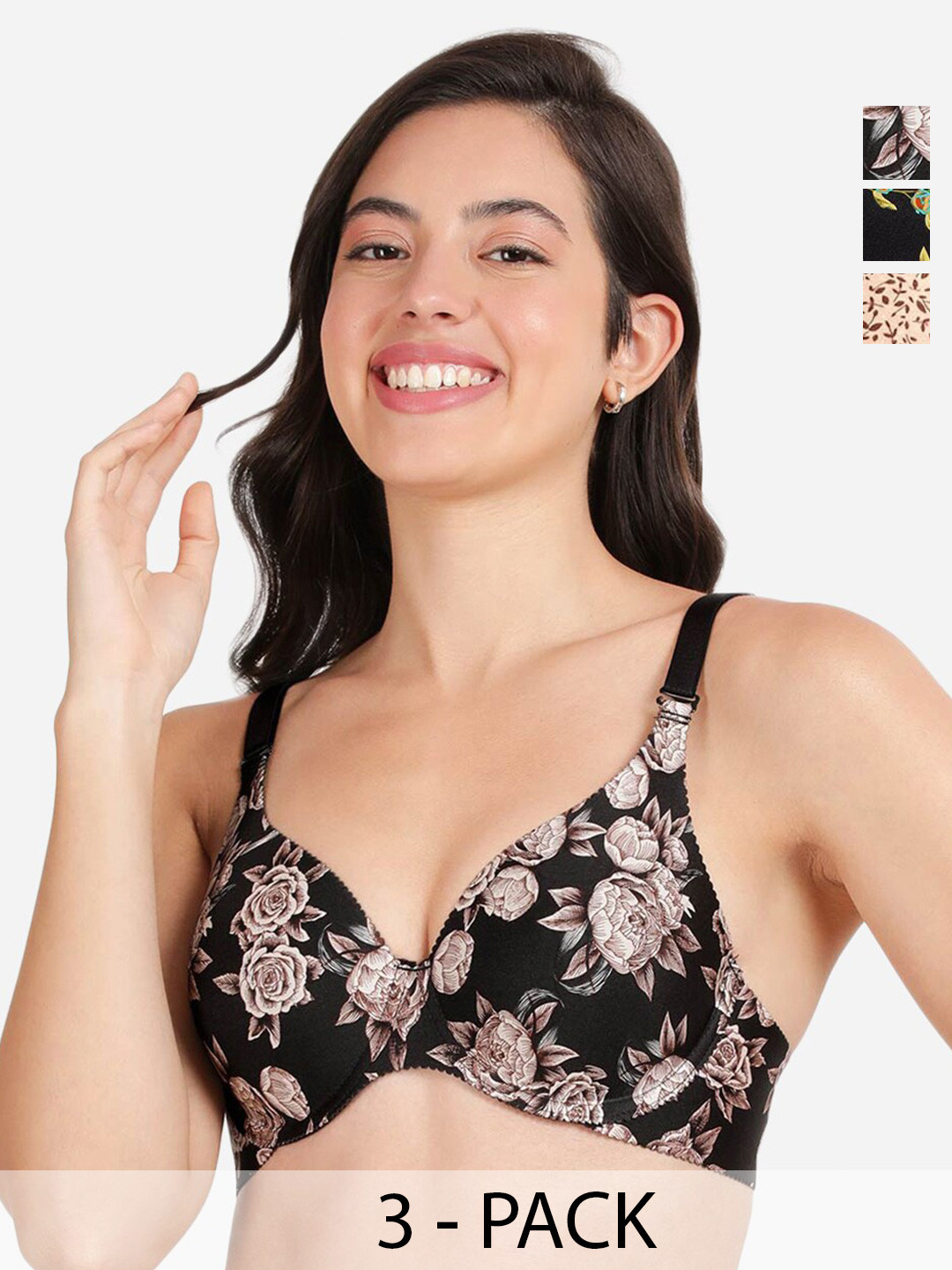 

shyaway Pack of 3 Floral T-shirt Bra - Medium Coverage Underwired Lightly Padded, Black