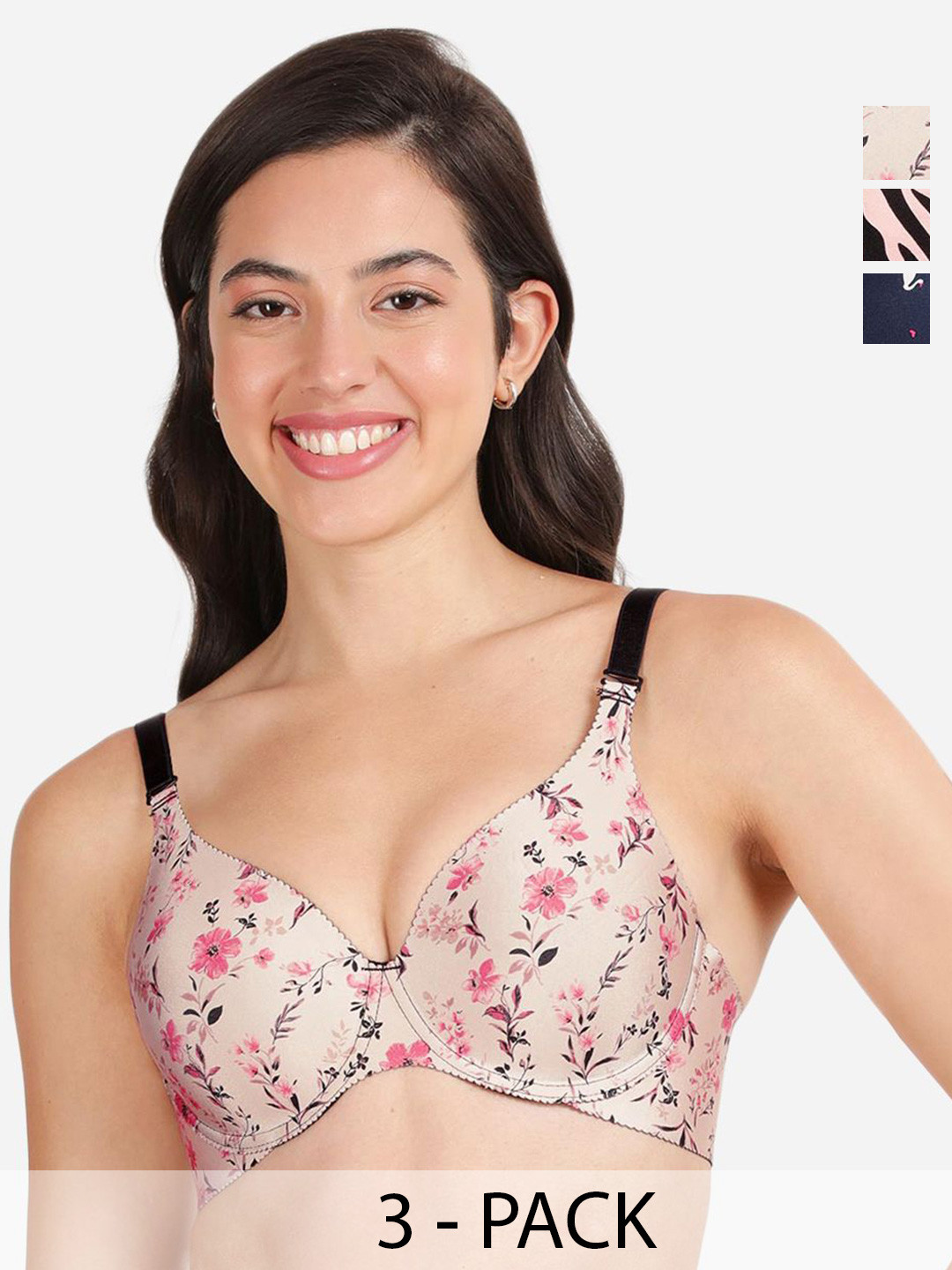 

shyaway Pack Of 3 Printed Medium Coverage Lightly Padded T-shirt Bras With All Day Comfort, Pink