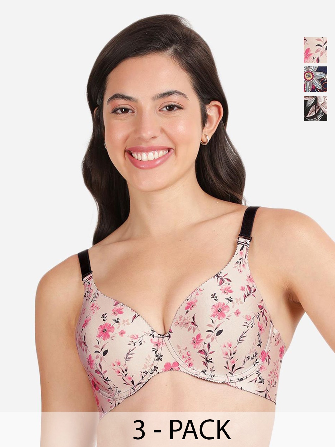 

shyaway Pack Of 3 Floral Print Medium Coverage Lightly Padded T-shirt Bra- All Day Comfort, Beige