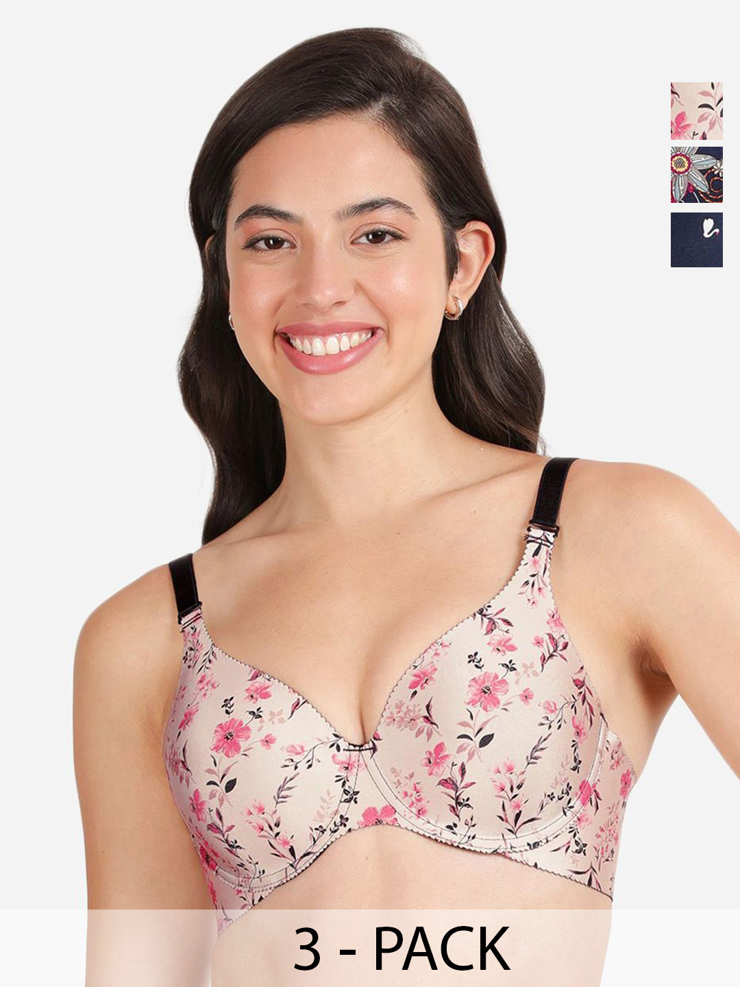 

shyaway Pack of 3 Floral T-shirt Bra - Medium Coverage Underwired Lightly Padded, Pink