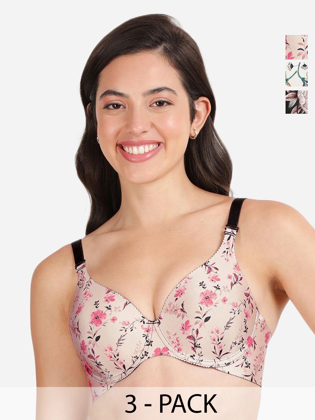 

shyaway Pack Of 3 Printed Medium Coverage Lightly Padded T-shirt Bras With All Day Comfort, Black