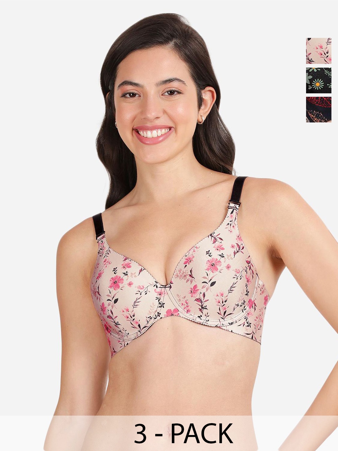 

shyaway Pack Of 3 Floral Underwired Lightly Padded T-shirt Bras With All Day Comfort, Red