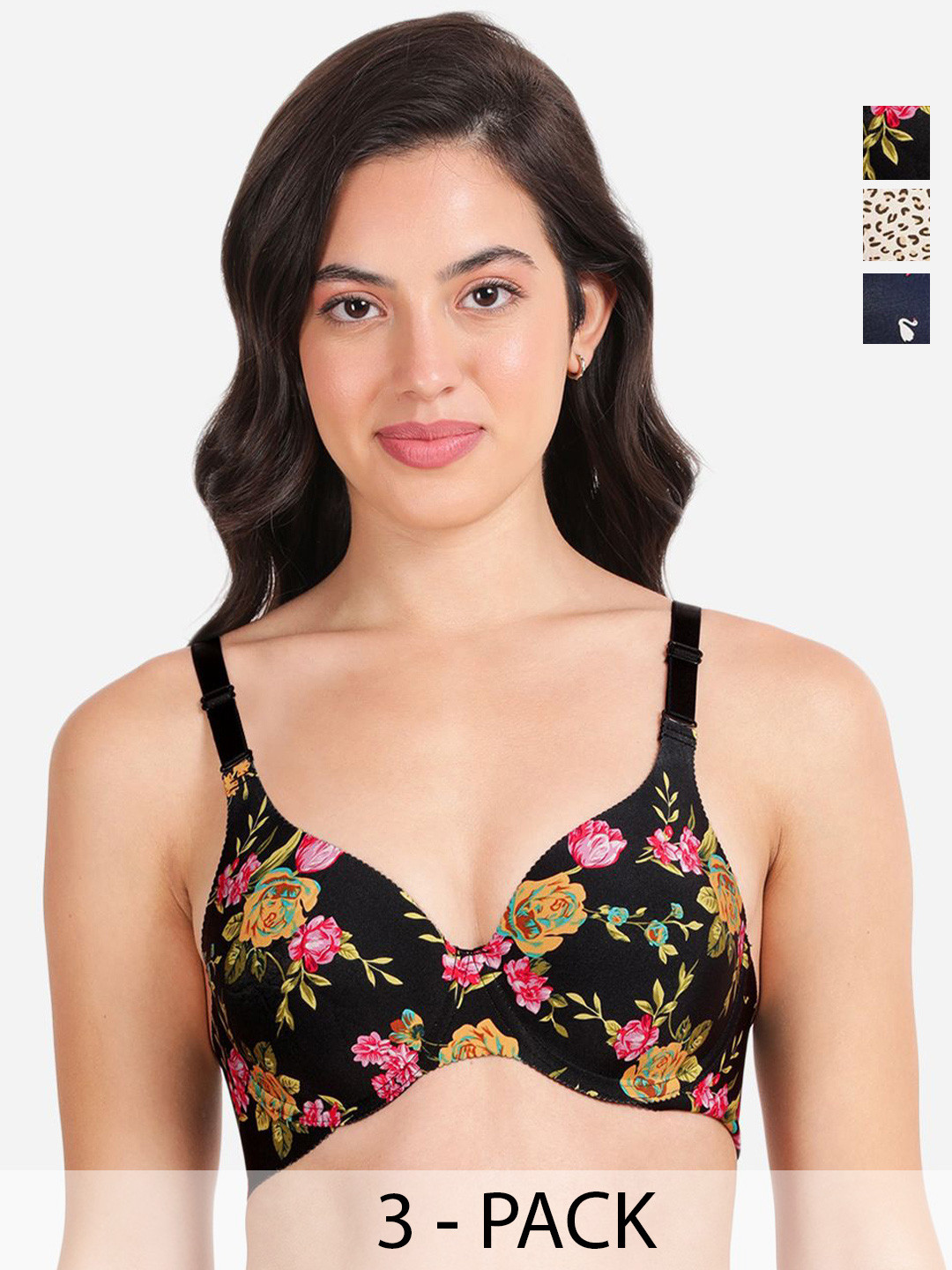 

shyaway Pack Of 3 Floral Underwired Lightly Padded T-shirt Bras With All Day Comfort, Blue