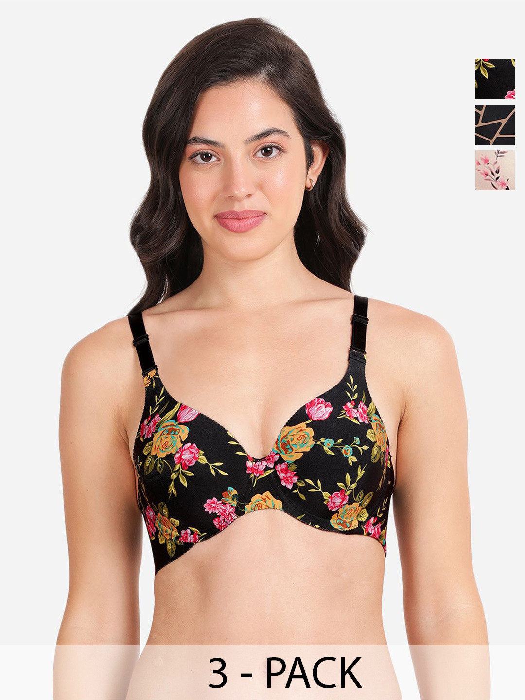 

shyaway Pack Of 3 Printed Medium Coverage Lightly Padded T-shirt Bras With All Day Comfort, Black