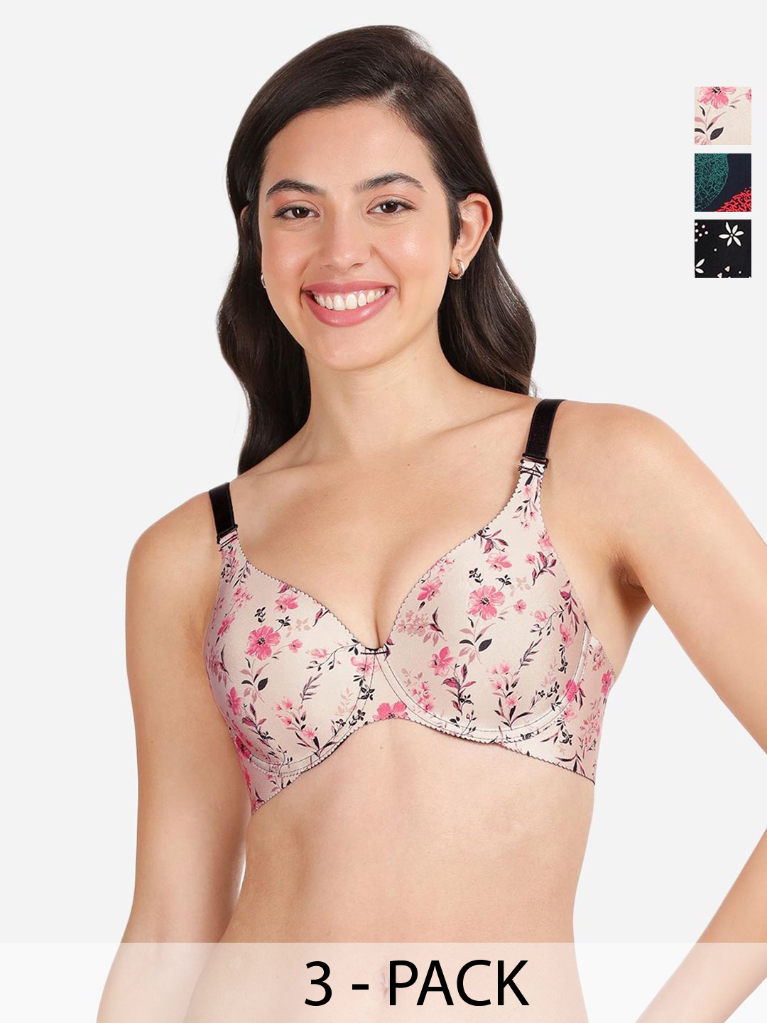 

shyaway Pack Of 3 Floral Underwired Lightly Padded T-shirt Bras With All Day Comfort, Blue