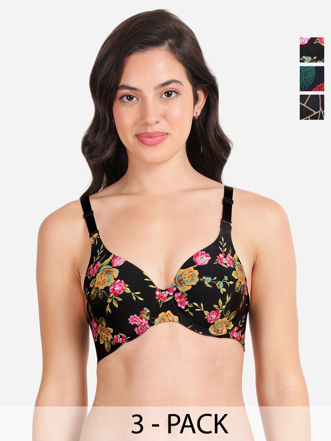 

shyaway Pack of 3 Floral T-shirt Bra - Medium Coverage Underwired Lightly Padded, Black