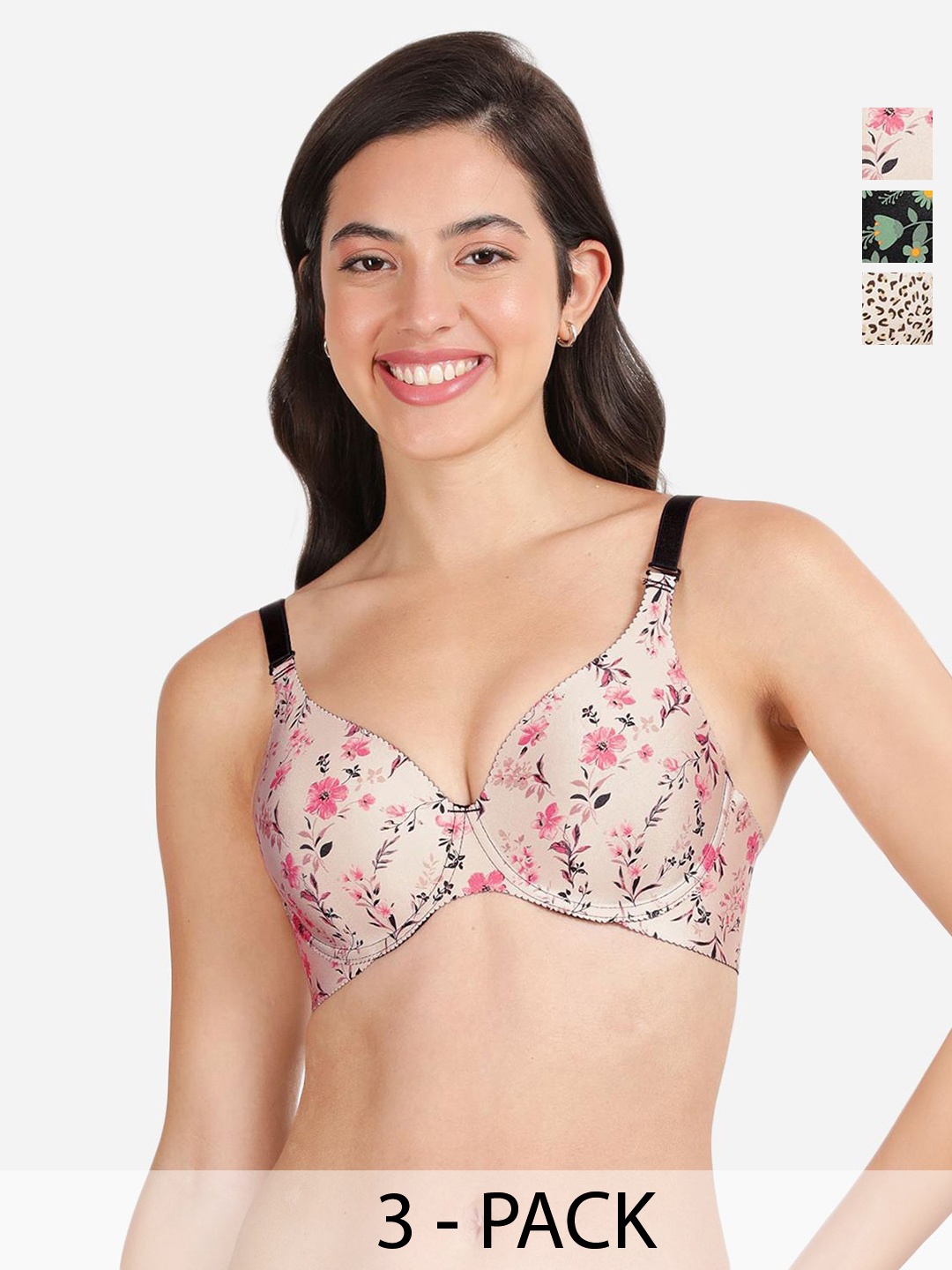 

shyaway Pack Of 3 Printed Medium Coverage Lightly Padded T-shirt Bra- All Day Comfort, Beige