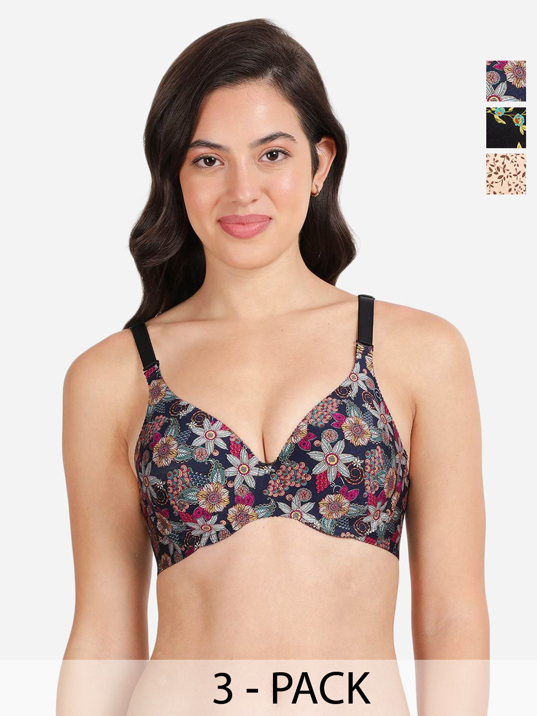 

shyaway Pack Of 3 Floral Underwired Lightly Padded T-shirt Bras With All Day Comfort, Blue