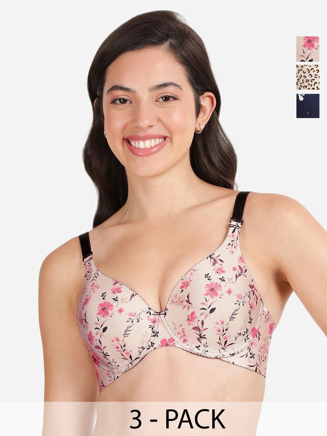 

shyaway Pack Of 3 Printed Medium Coverage Lightly Padded T-shirt Bras With All Day Comfort, Blue