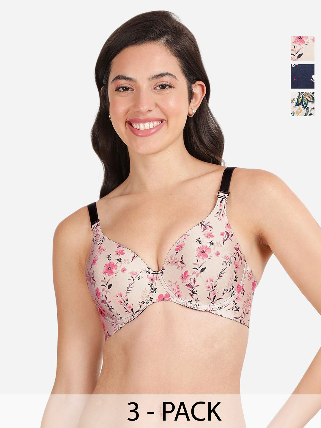 

shyaway Pack Of 3 Floral Underwired Lightly Padded T-shirt Bras With All Day Comfort, Blue