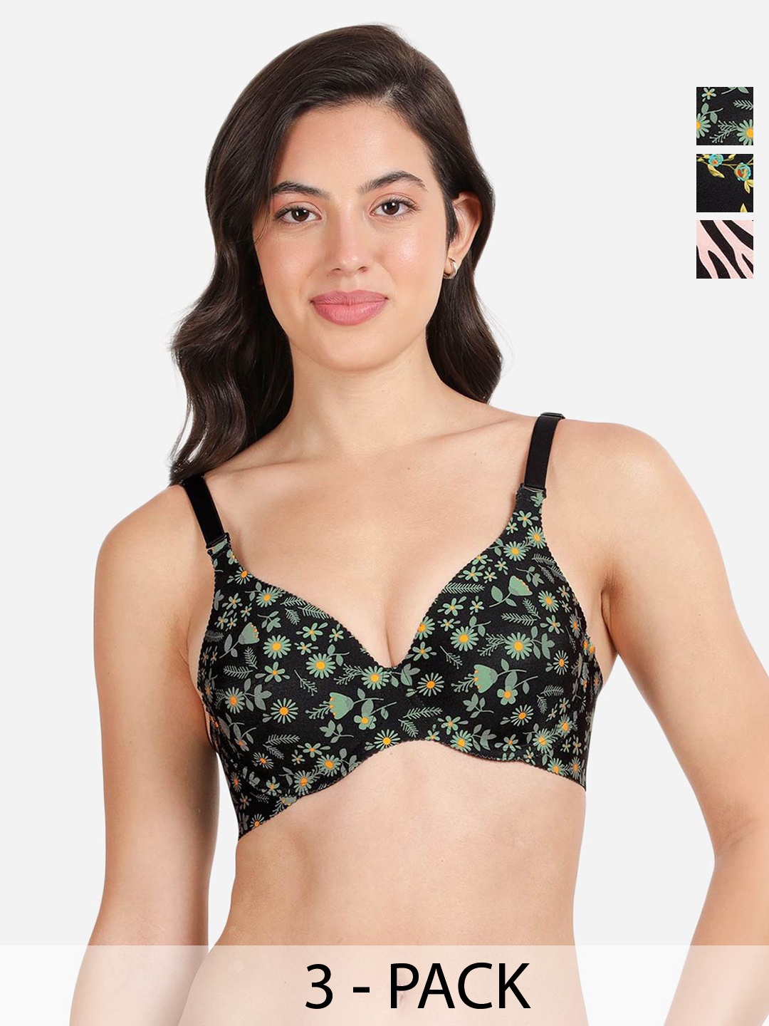 

shyaway Pack of 3 Floral T-shirt Bra - Medium Coverage Underwired Lightly Padded, Black