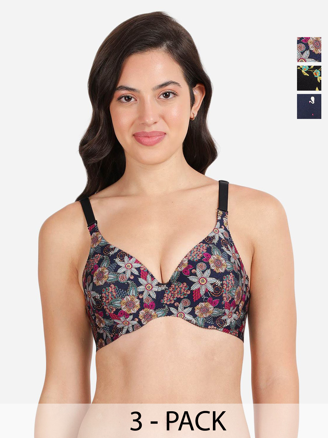 

shyaway Pack Of 3 Printed Medium Coverage Lightly Padded T-shirt Bra- All Day Comfort, Blue