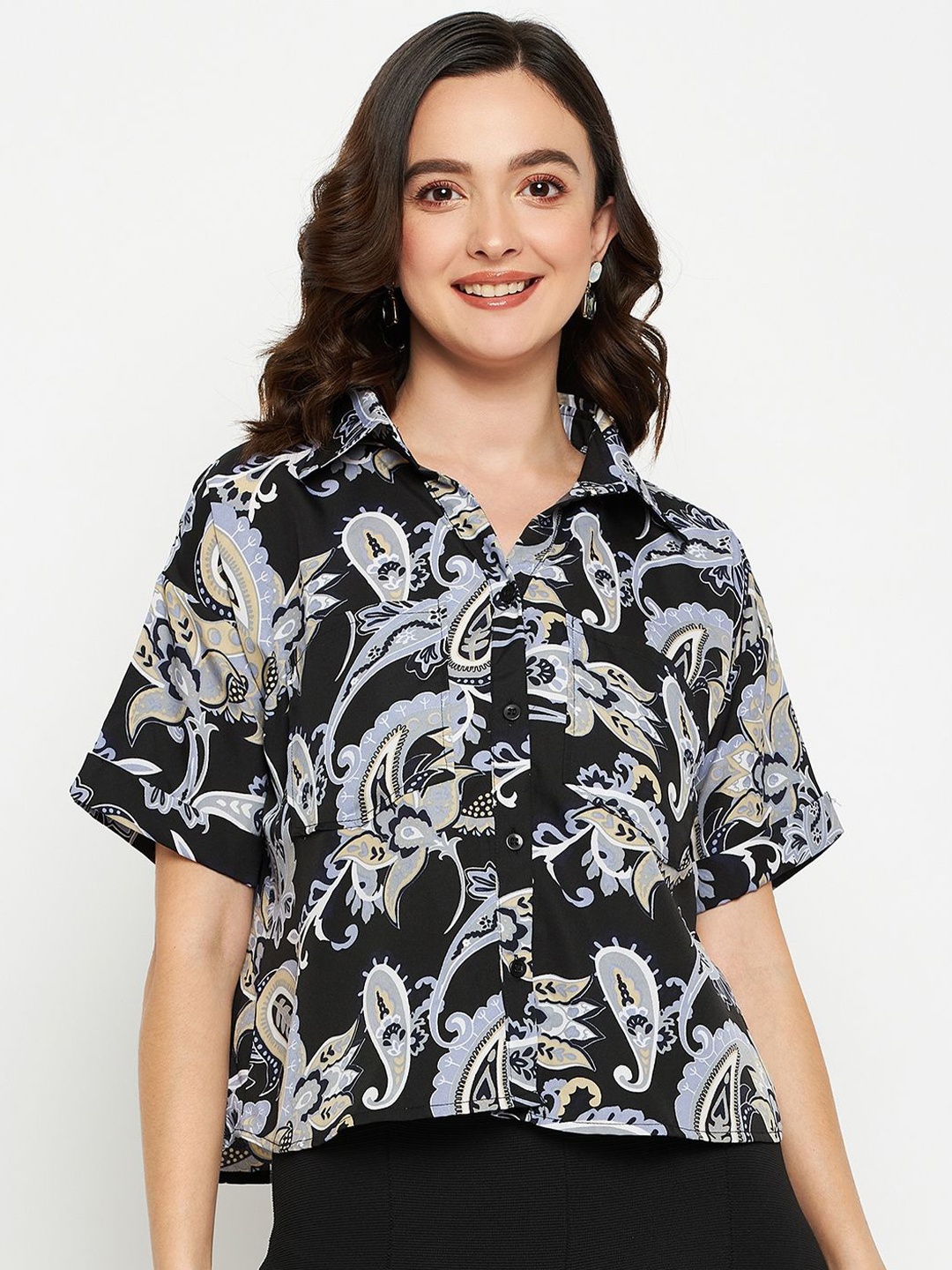 

Fashfun Ethnic Motifs Printed Extended Sleeves Shirt Style Top, Black