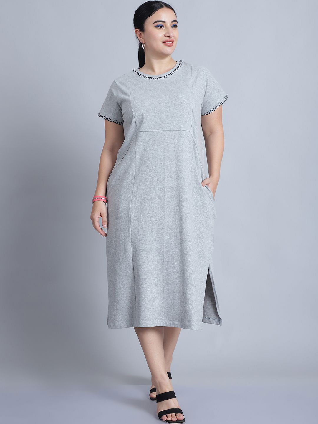 

Baawri Round Neck Cotton T-shirt Midi Dress, Grey melange