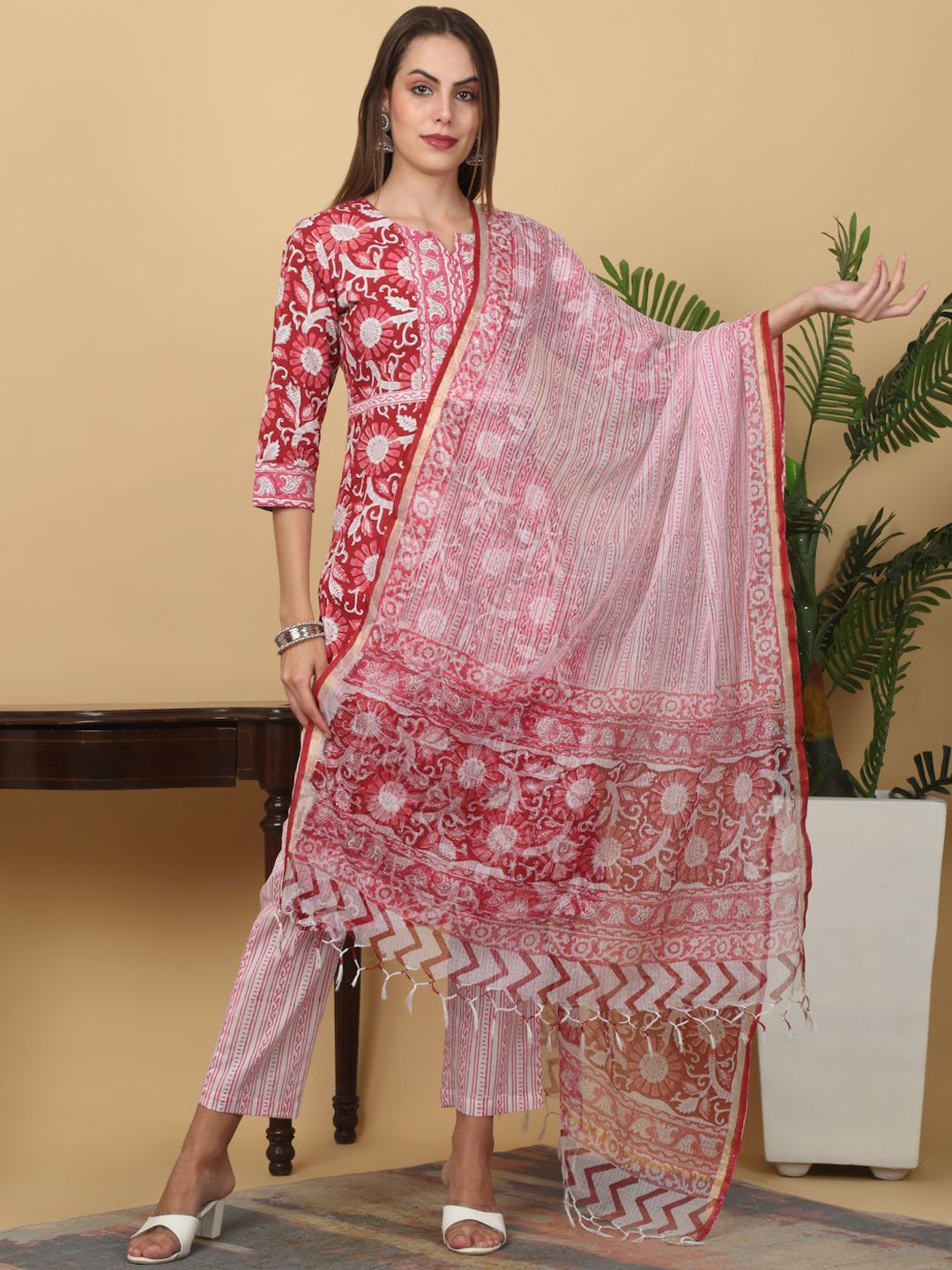 

KALINI Floral Printed Regular Pure Cotton Kurta With Trousers & Dupatta, Red