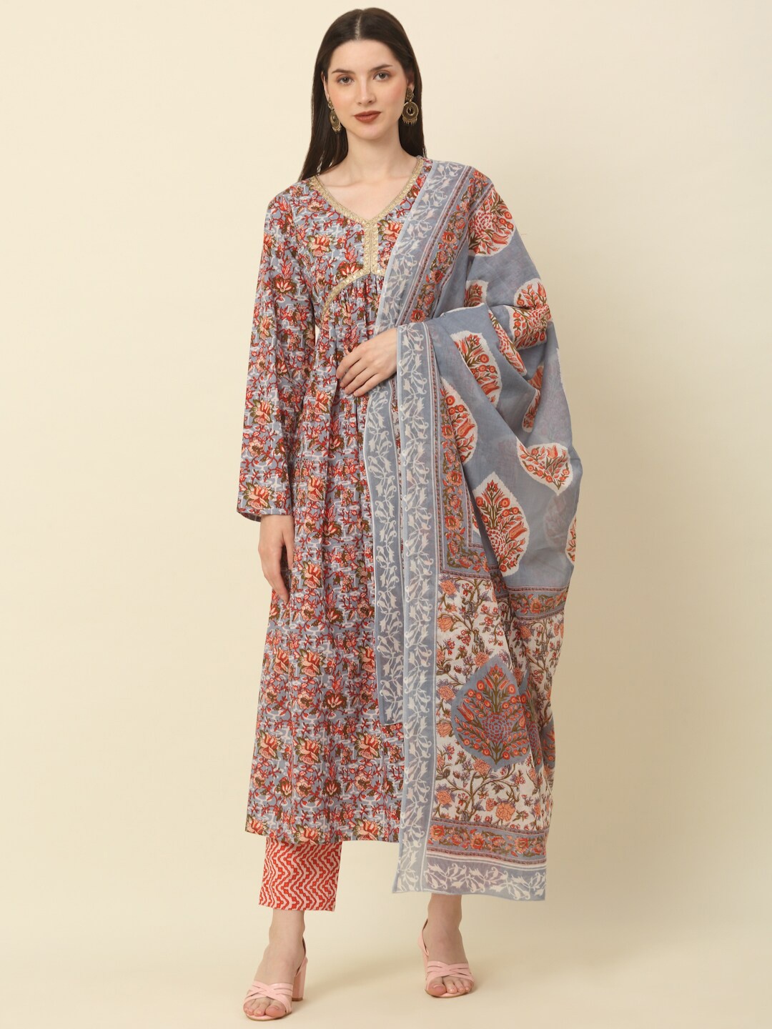 KALINI Floral Printed Gotta Patti Anarkali Pure Cotton Kurta with Trousers & Dupatta, Grey