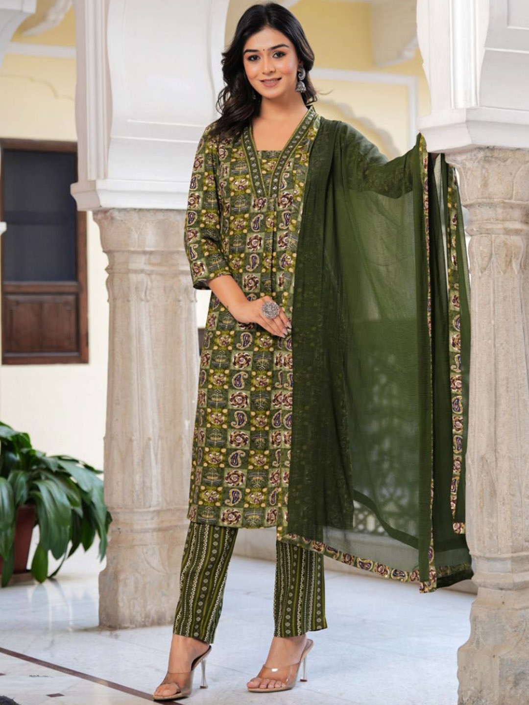 

KALINI Ethnic Motifs Printed V-Neck Straight Kurta with Trousers & With Dupatta, Green