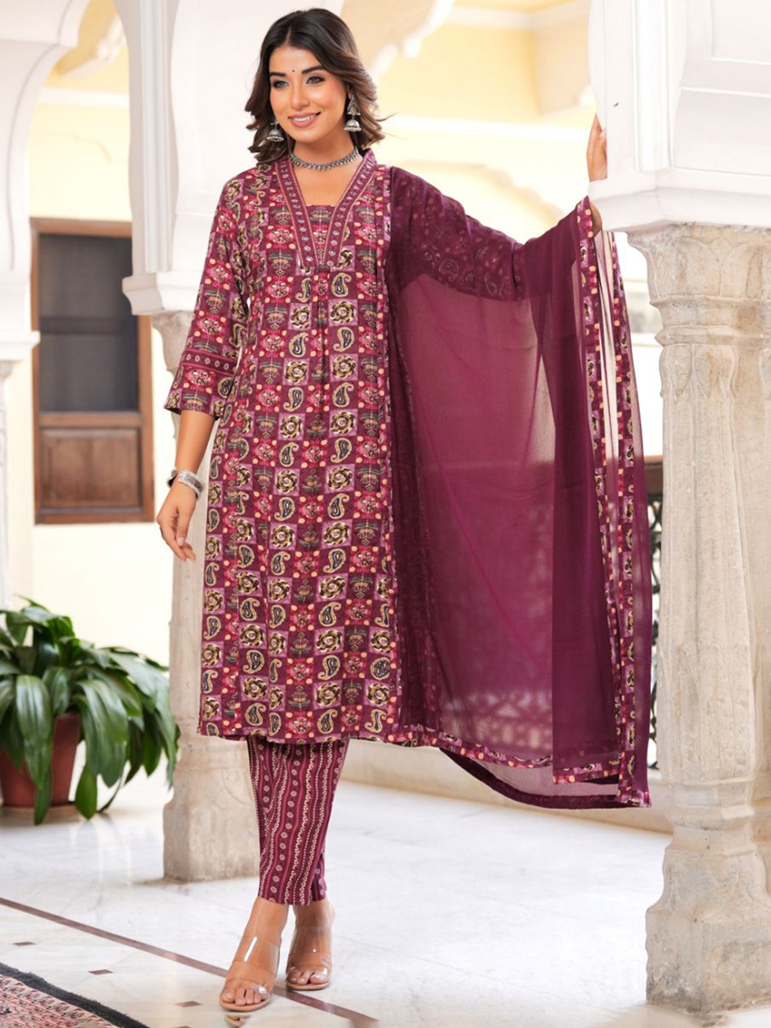 

KALINI Paisley Printed Straight Kurta With Trousers & Dupatta, Maroon