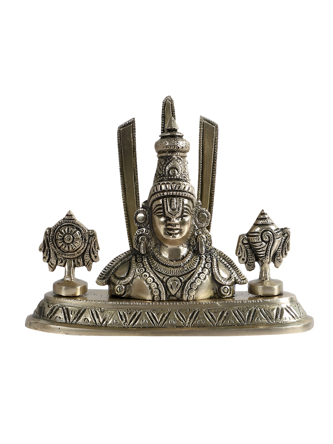 

Two Moustaches Brown Shankh Chakra Namah With Balaji Brass Idol Showpiece