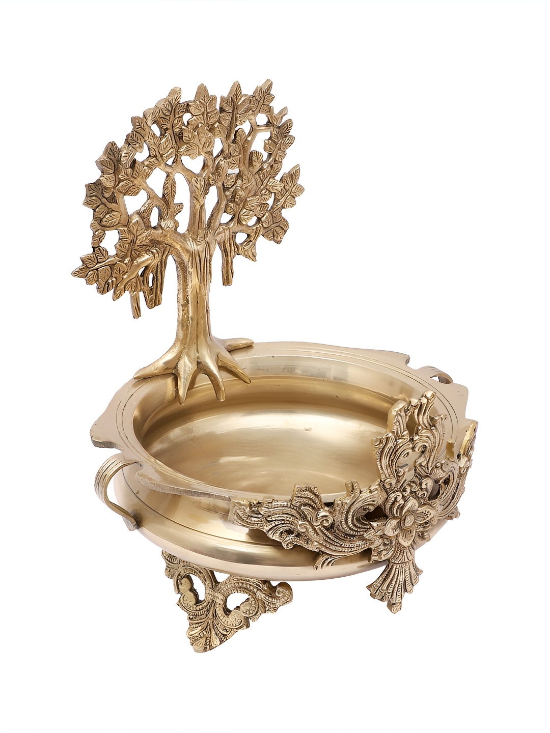 Two Moustaches Brass Urli Bowl with Brass Banyan Tree Showpiece, Gold
