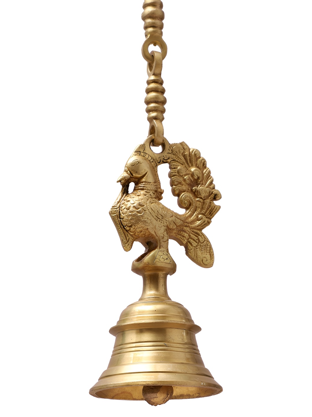 

Two Moustaches Gold toned Vintage Brass Temple Bell with Peacock On Chain