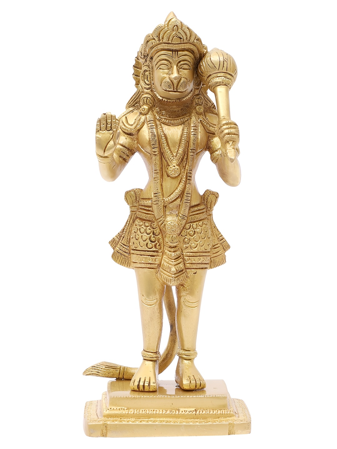 

Two Moustaches Gold Toned Standing Hanuman Ji Brass Idol Showpiece