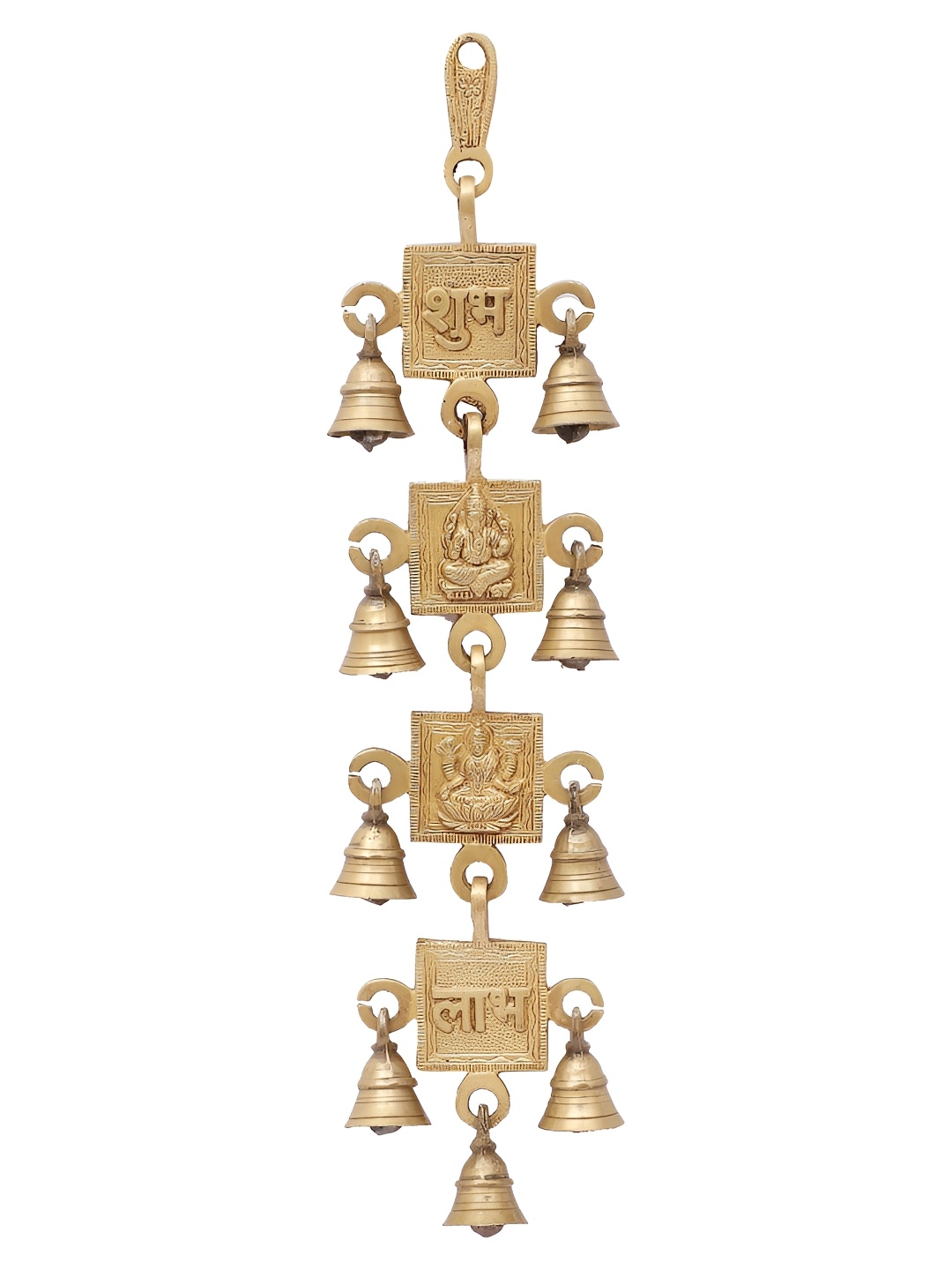 

Two Moustaches Gold toned Brass Shubh Labh with Laxmi Ganesha Hanging Bells