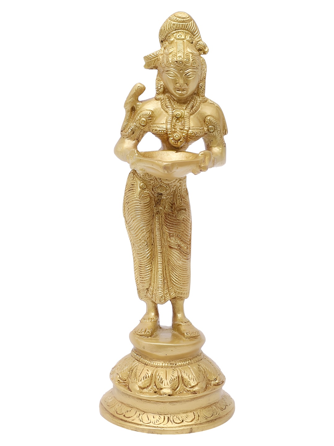 

Two Moustaches Gold Toned Brass Apsara Holding Diya Statue Showpieces