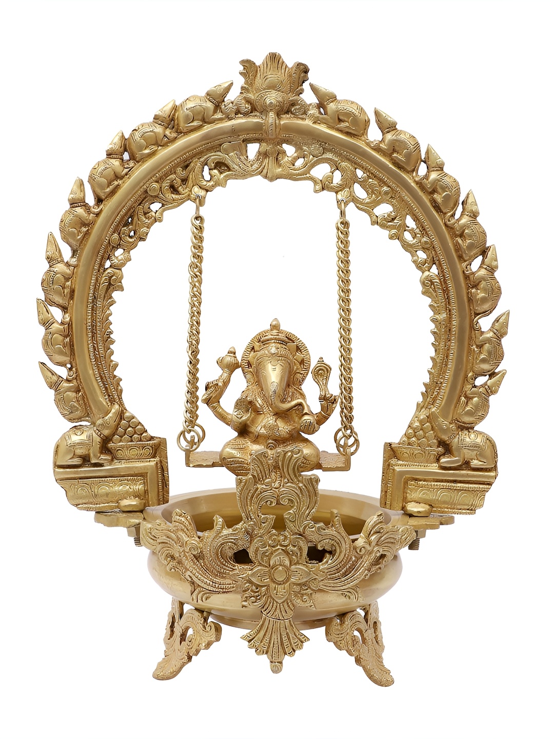 Two Moustaches Gold Toned Swing Ganesha Urli Brass Idol Showpiece
