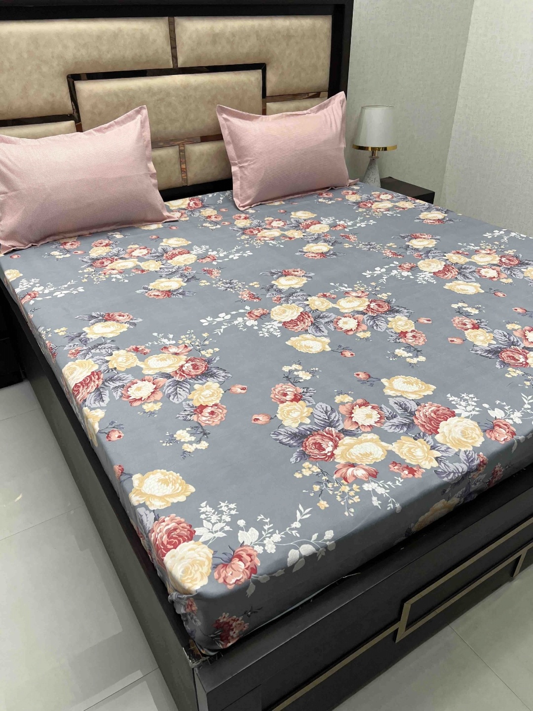 

Pure Decor Grey & Yellow Floral 300 TC Pure Cotton King Bedsheet With 2 Pillow Covers