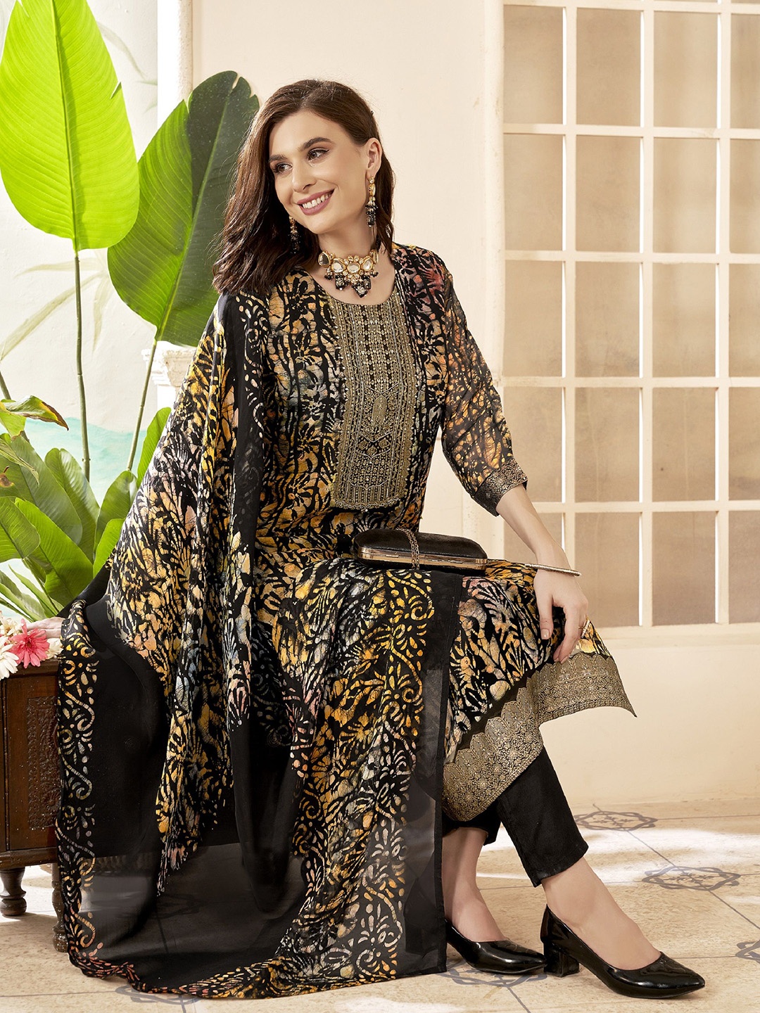 

Anouk Black Abstract Printed Embroidered Sequinned A-line Kurta With Trousers & Dupatta