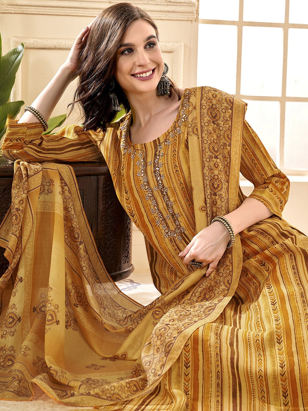 

Anouk Ethnic Motifs Embroidered Beads Chanderi Silk Kurta with Trousers & Dupatta, Mustard