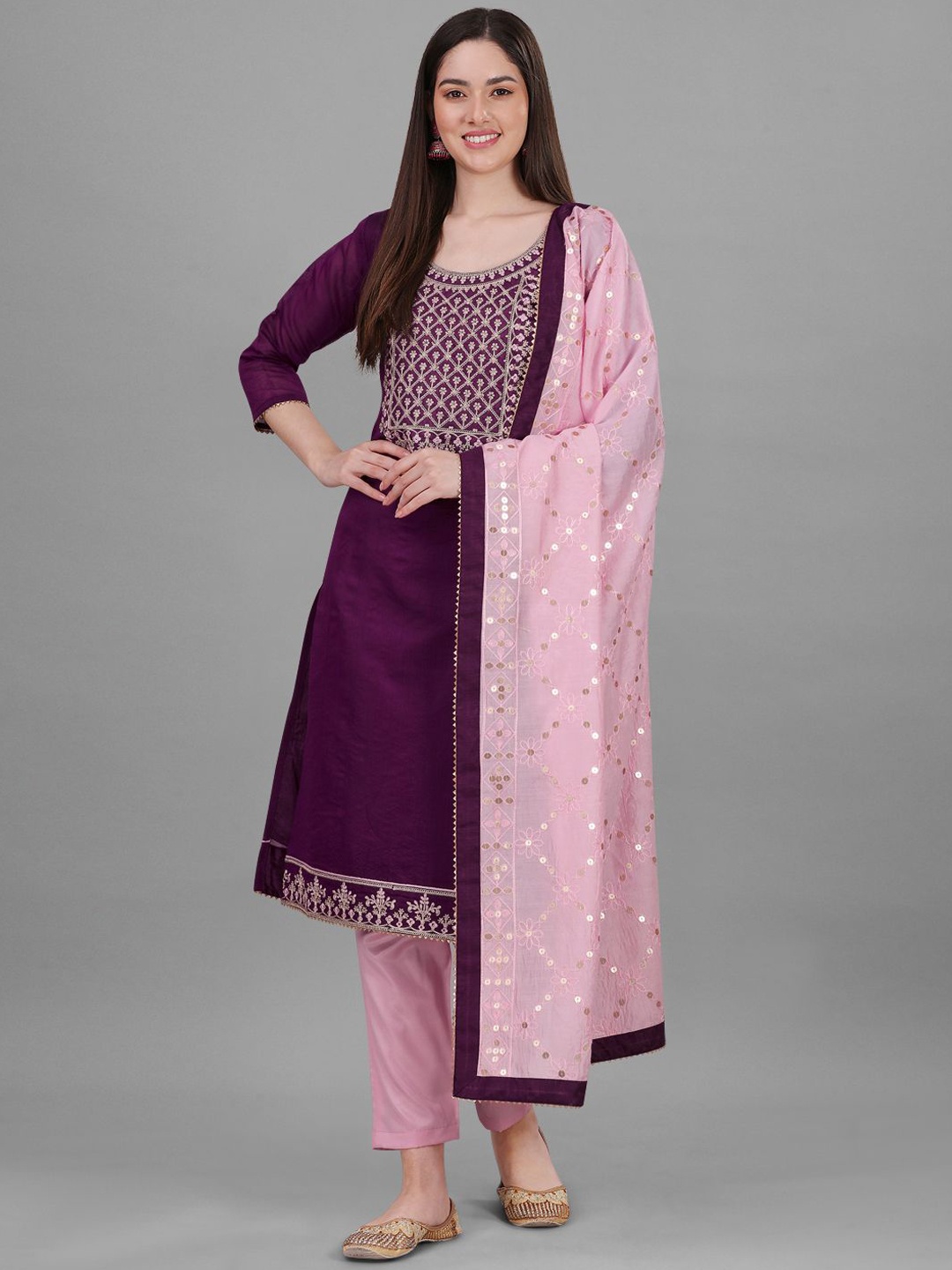 

Trendmalls Floral Embroidered Straight Chanderi Cotton Kurta with Trousers & Dupatta, Purple