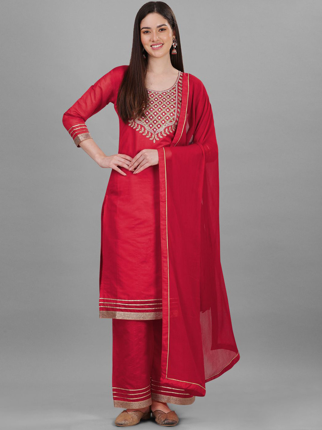 

Trendmalls Straight Chanderi Cotton Kurta with Palazzos & Dupatta, Red