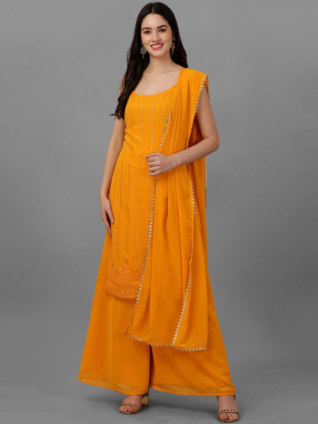 

Trendmalls Embroidered Straight Silk Georgette Kurta with Palazzos & Dupatta, Yellow