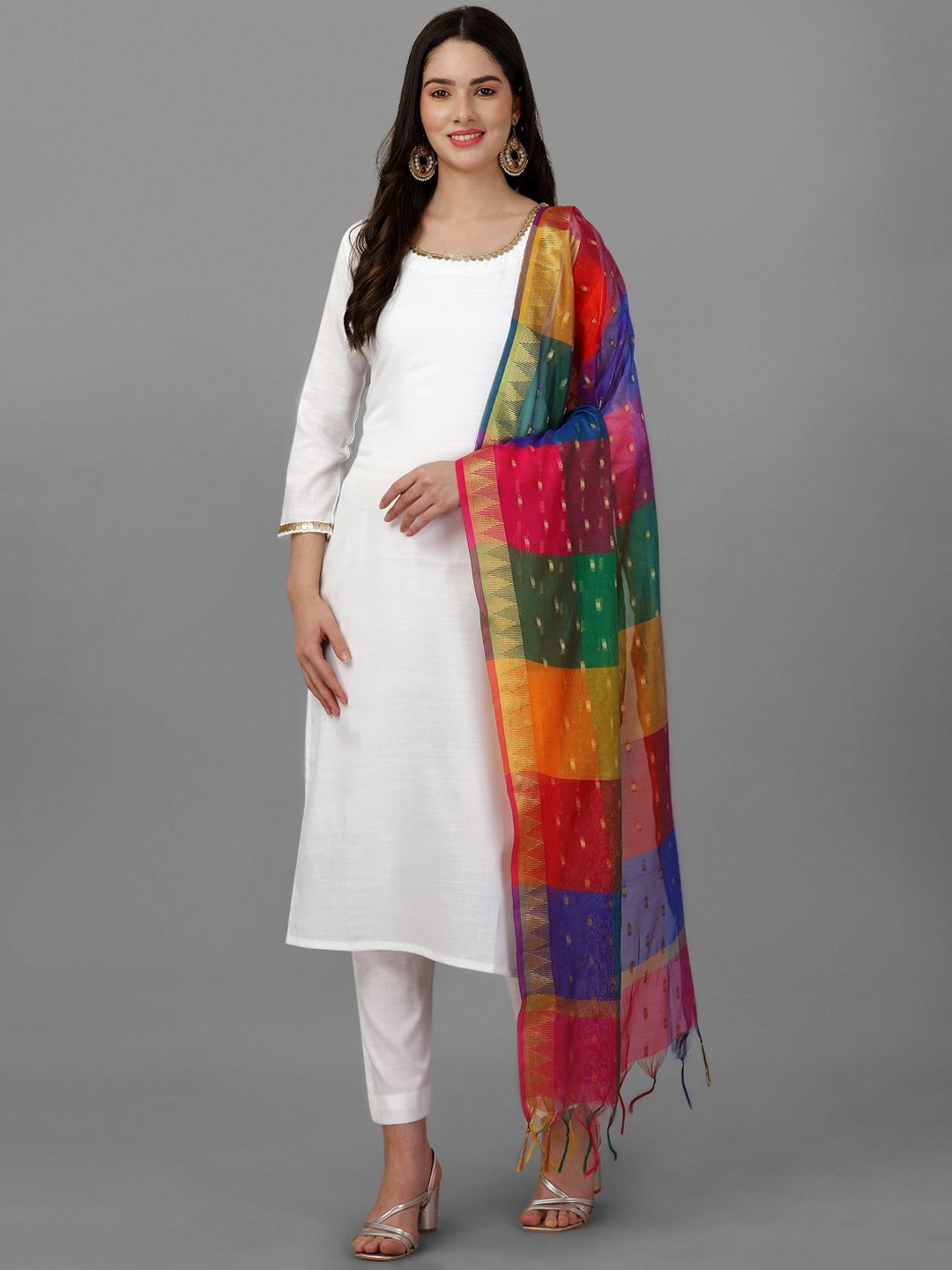 

Trendmalls Straight Pure Cotton Kurta with Trousers & Dupatta, White