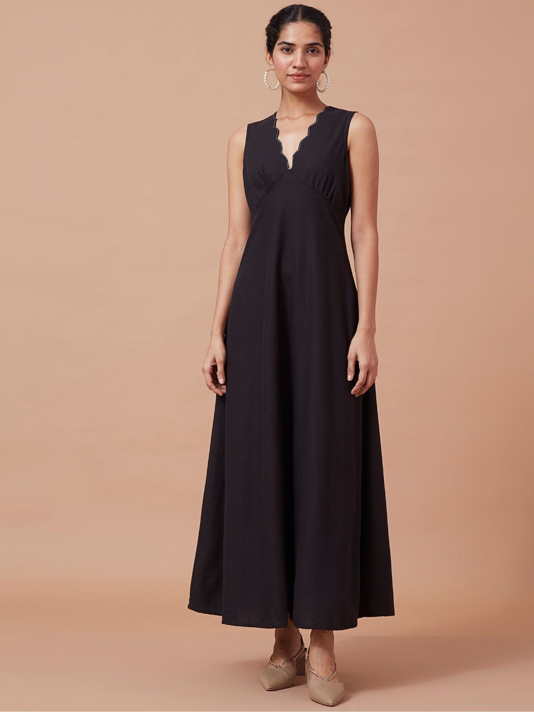 

OKHAI Pure Cotton Flared Hand Embroidered Maxi Dress, Black