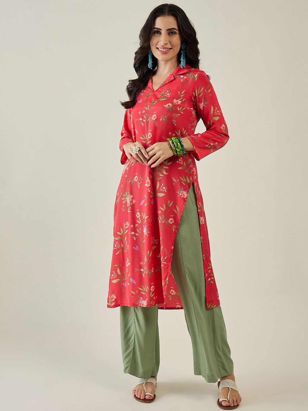 

Madhuni Floral Printed Tiered Kurta with Palazzos, Red