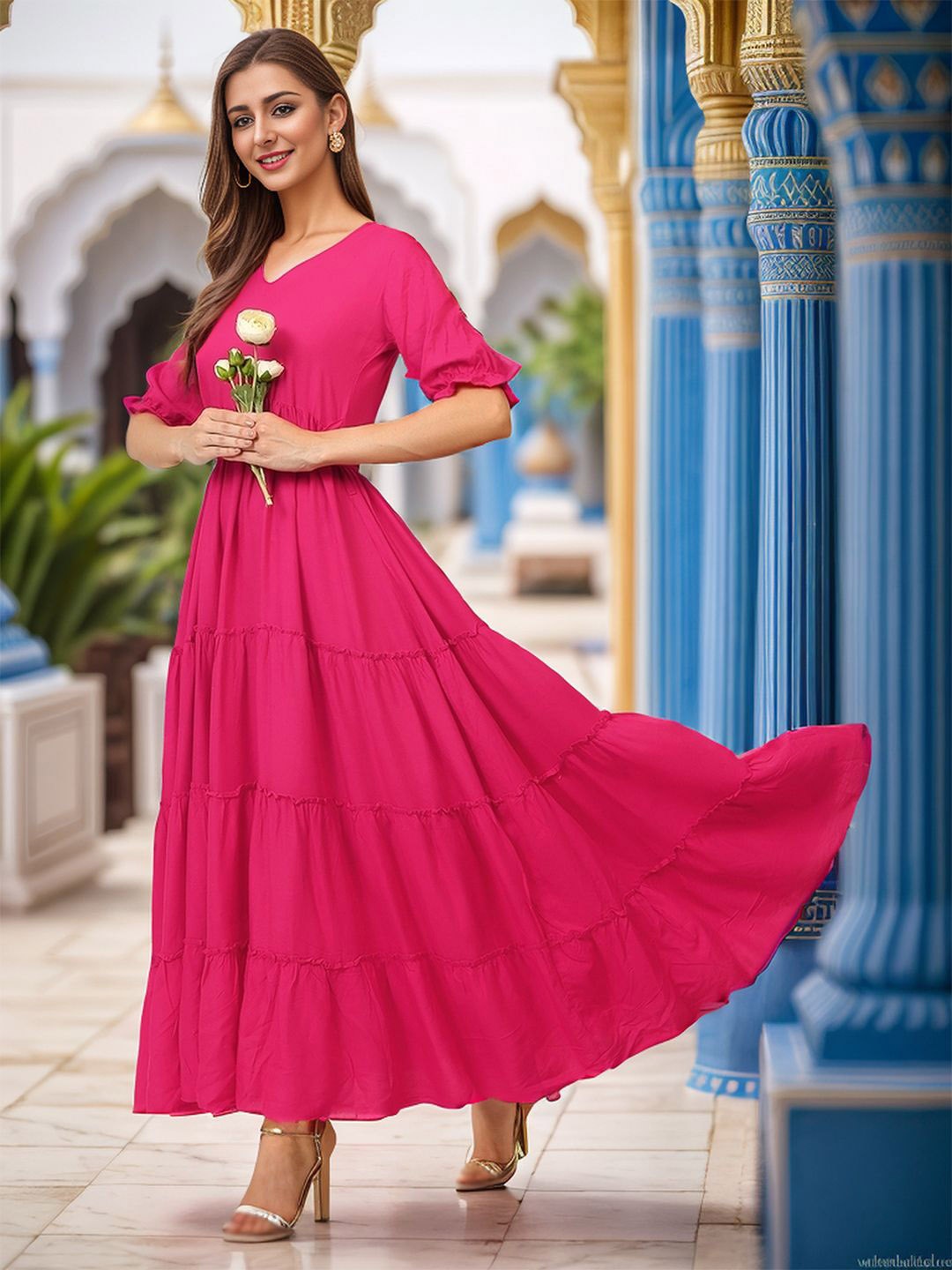 

Ziva Fashion V-Neck Puff Sleeves Ankle Length Tiered Anarkali Kurta, Magenta