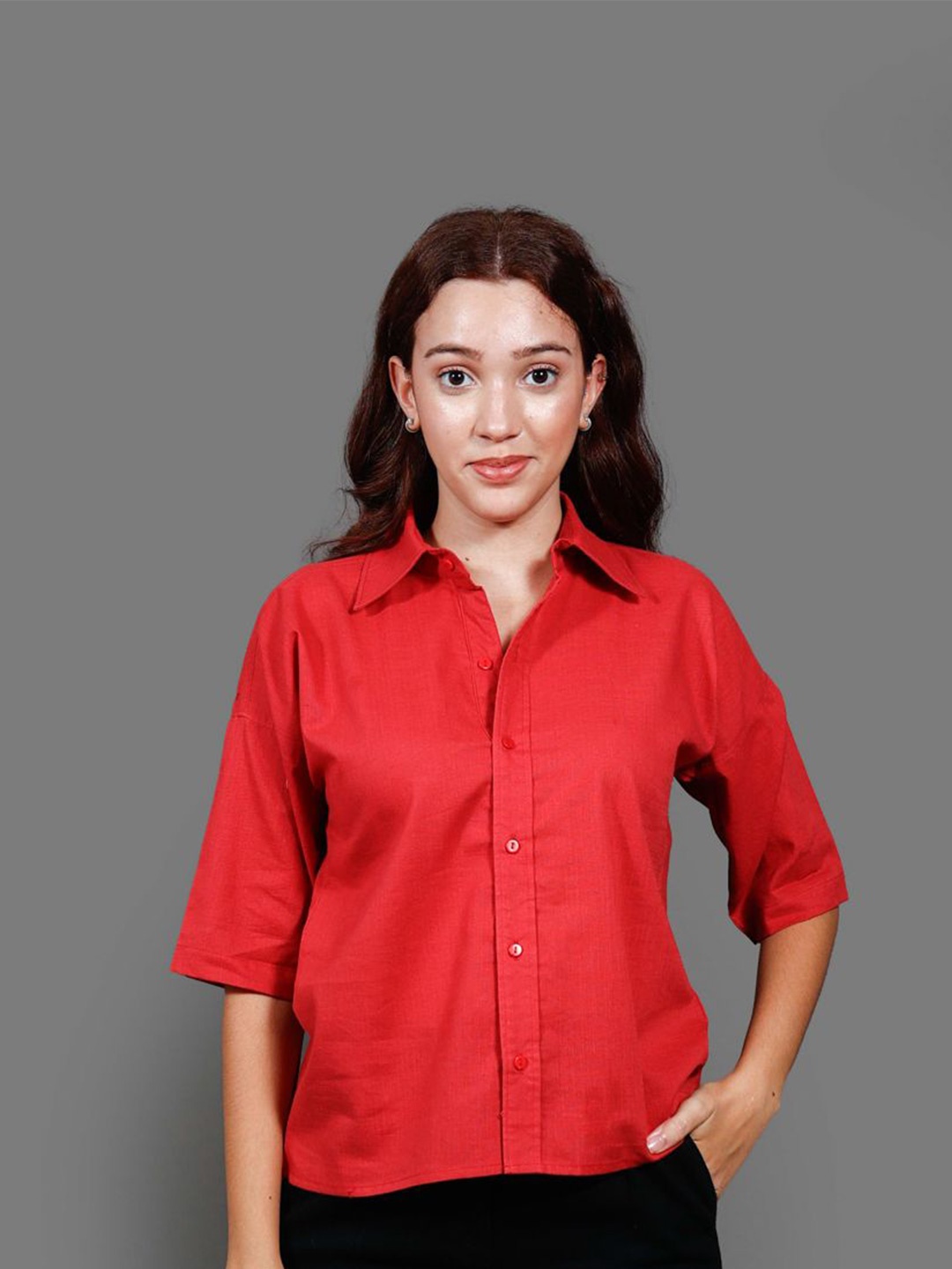 

The Roadster Lifestyle Co. Red Spread Collar Drop-Shoulder Sleeves Cotton Shirt