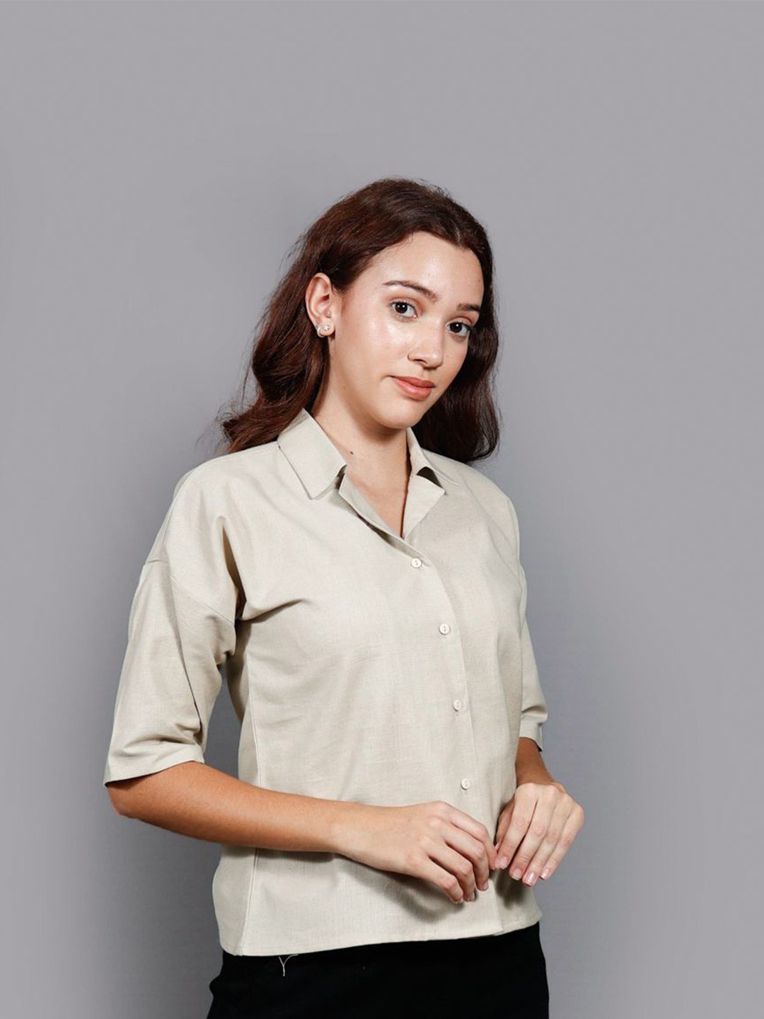 

The Roadster Lifestyle Co. Beige Cuban Collar Drop-Shoulder Sleeves Cotton Shirt