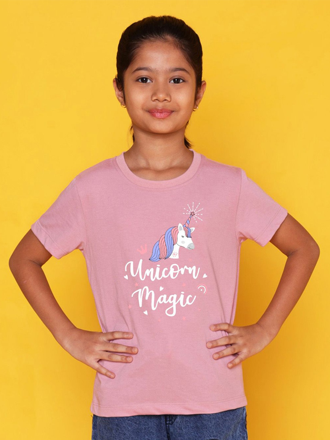 

NUSYL Girls Printed Mandarin Collar Applique T-shirt, Pink
