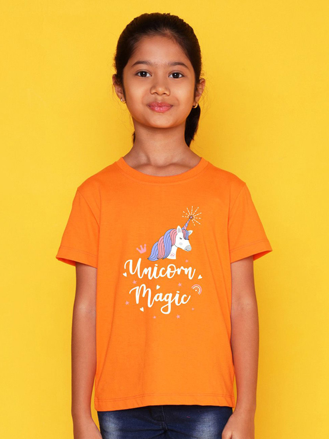 

NUSYL Girls Typography Printed Round Neck T-shirt, Orange