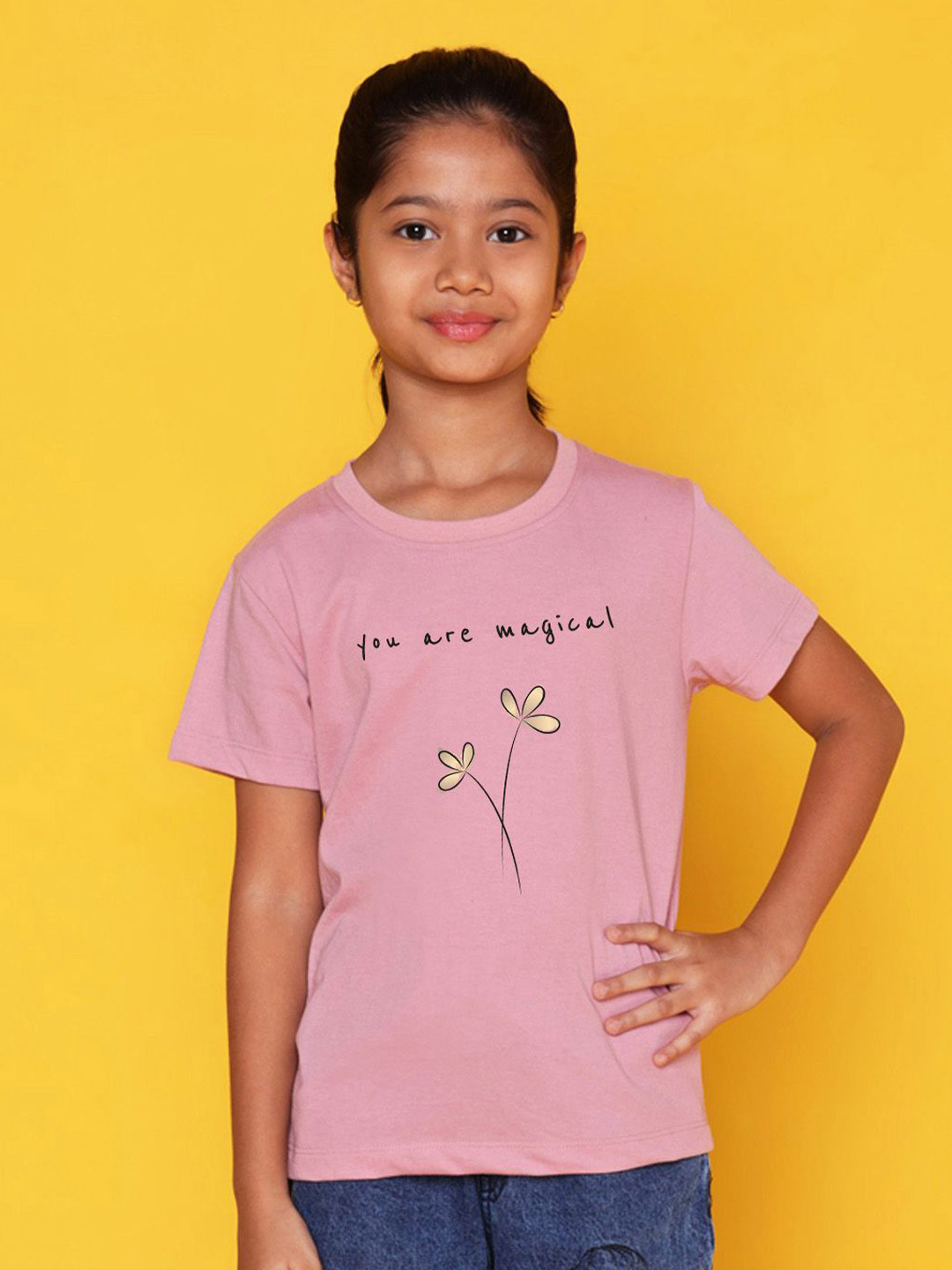 

NUSYL Girls Typography Printed Round Neck Cotton T-shirt, Pink