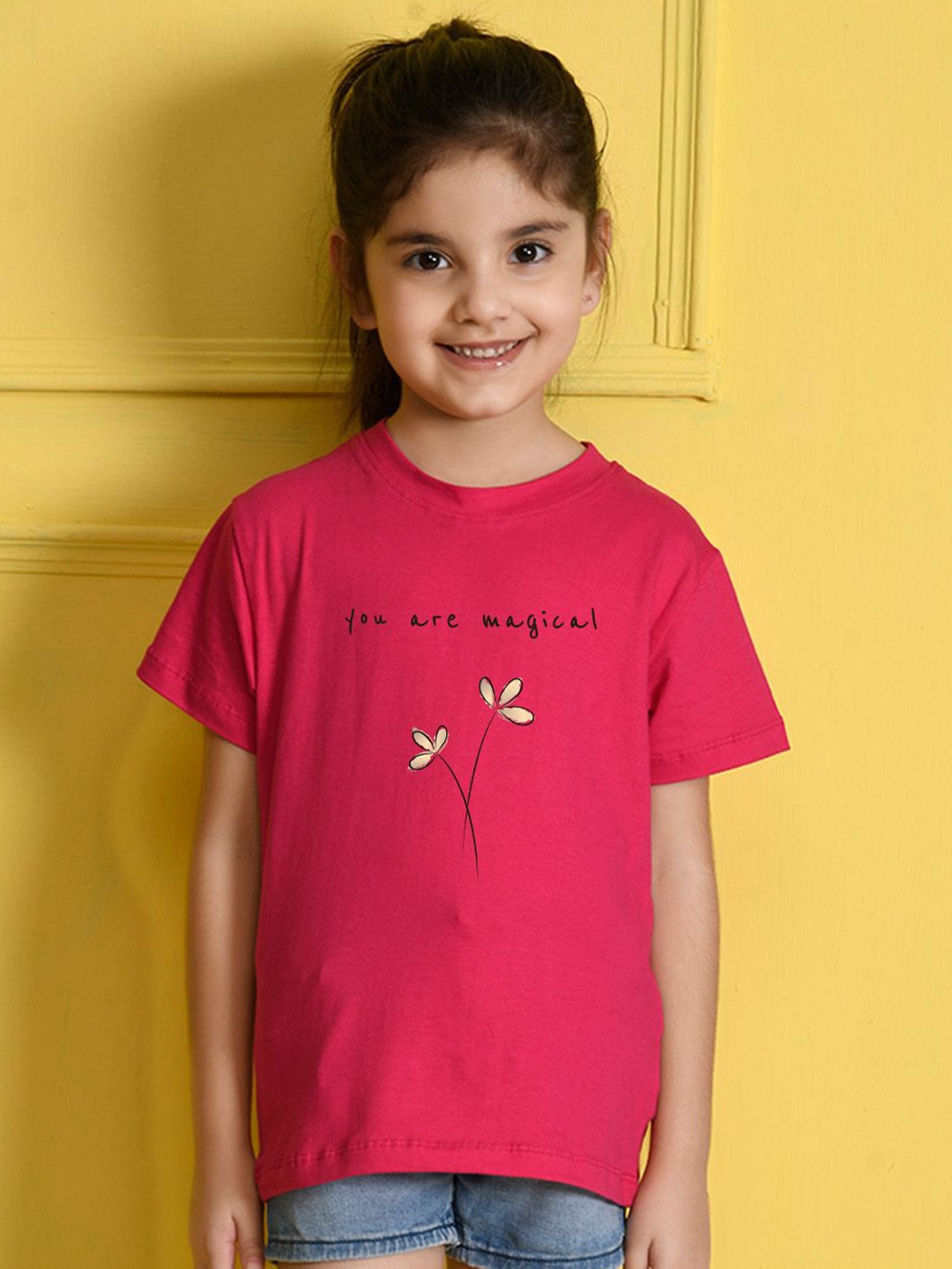 NUSYL Girls Typography Printed Applique T-shirt, Pink