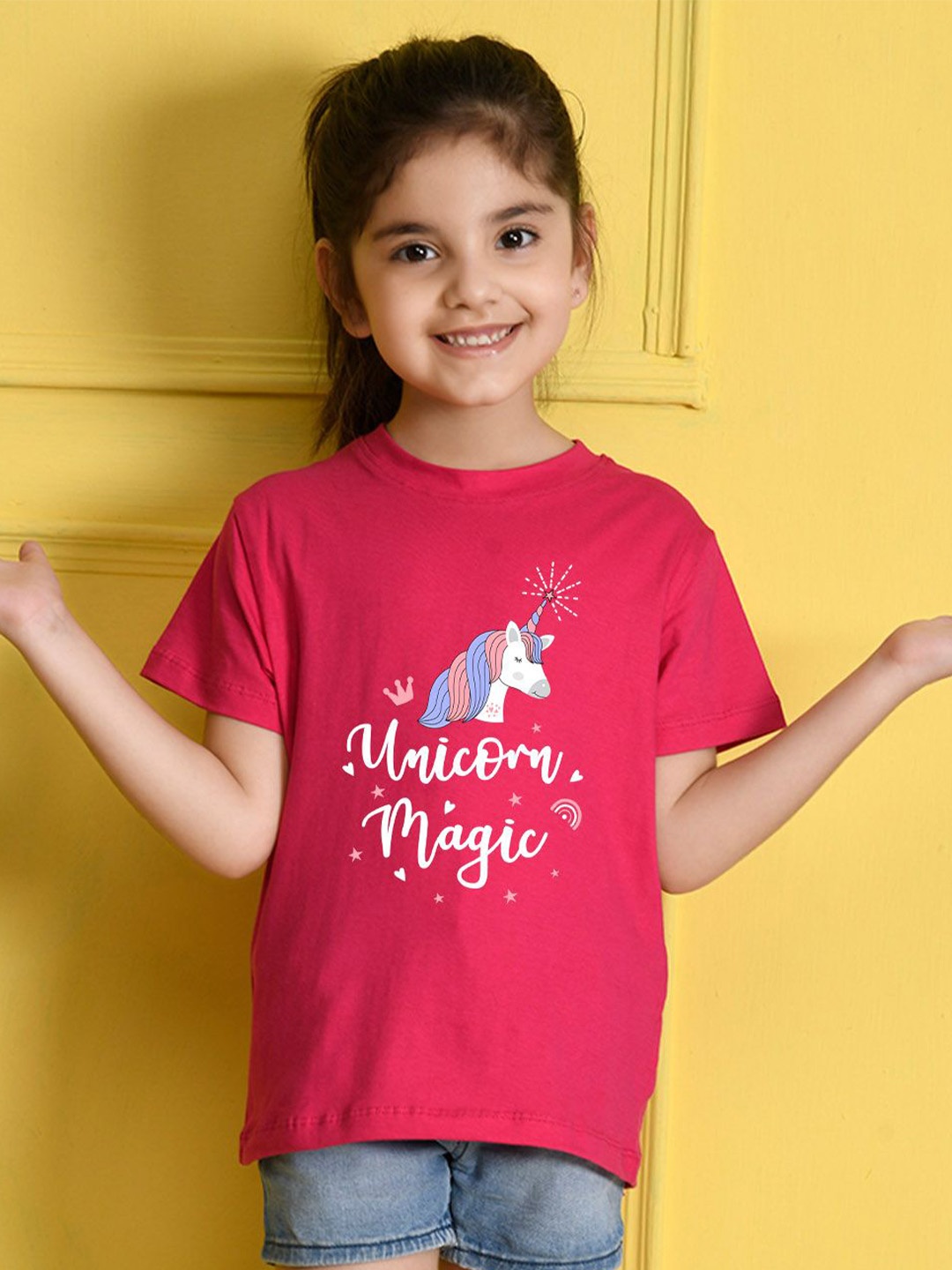 

NUSYL Girls Horse & Text Printed Round Neck Casual T-shirt, Pink