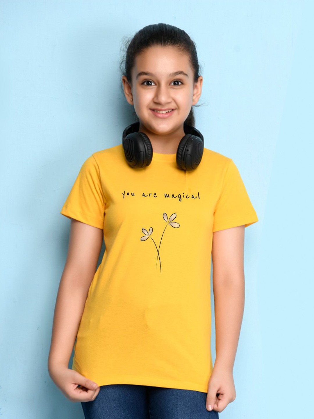 

NUSYL Girls Typography Printed Round Neck Short Sleeves T-shirt, Yellow